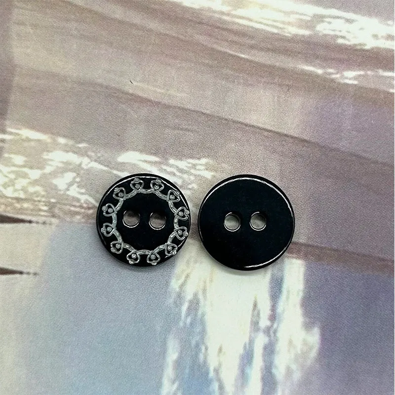 11.5mm Black Two-Hole Shell Shirt Buttons with Vintage Totem Carvings 30pcs