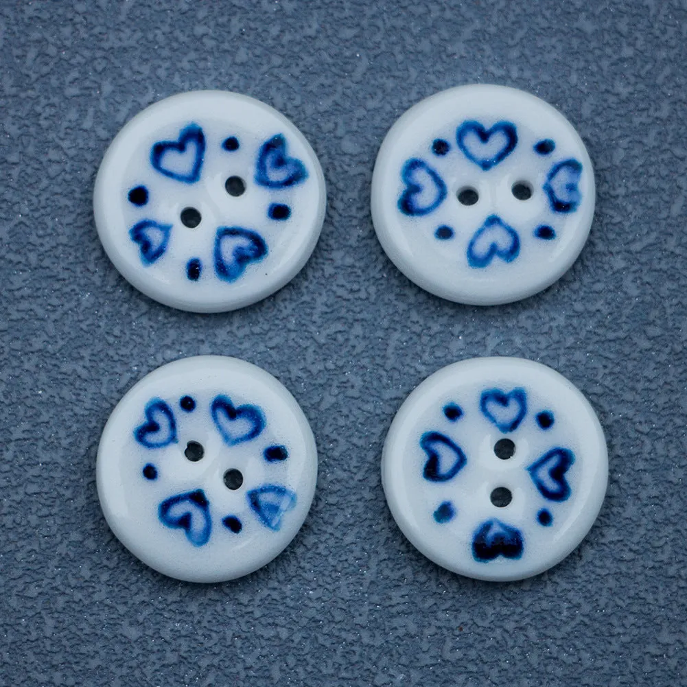 15.6mm Round Hand Painted Blue and White Porcelain Heart Ceramic Buttons 6pcs