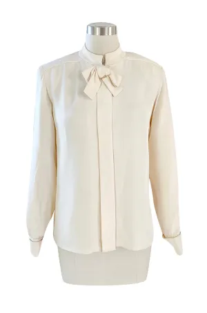 1990s Yves Saint Laurent Haute Couture Ivory Cream Silk Top w Bow & French Cuffs