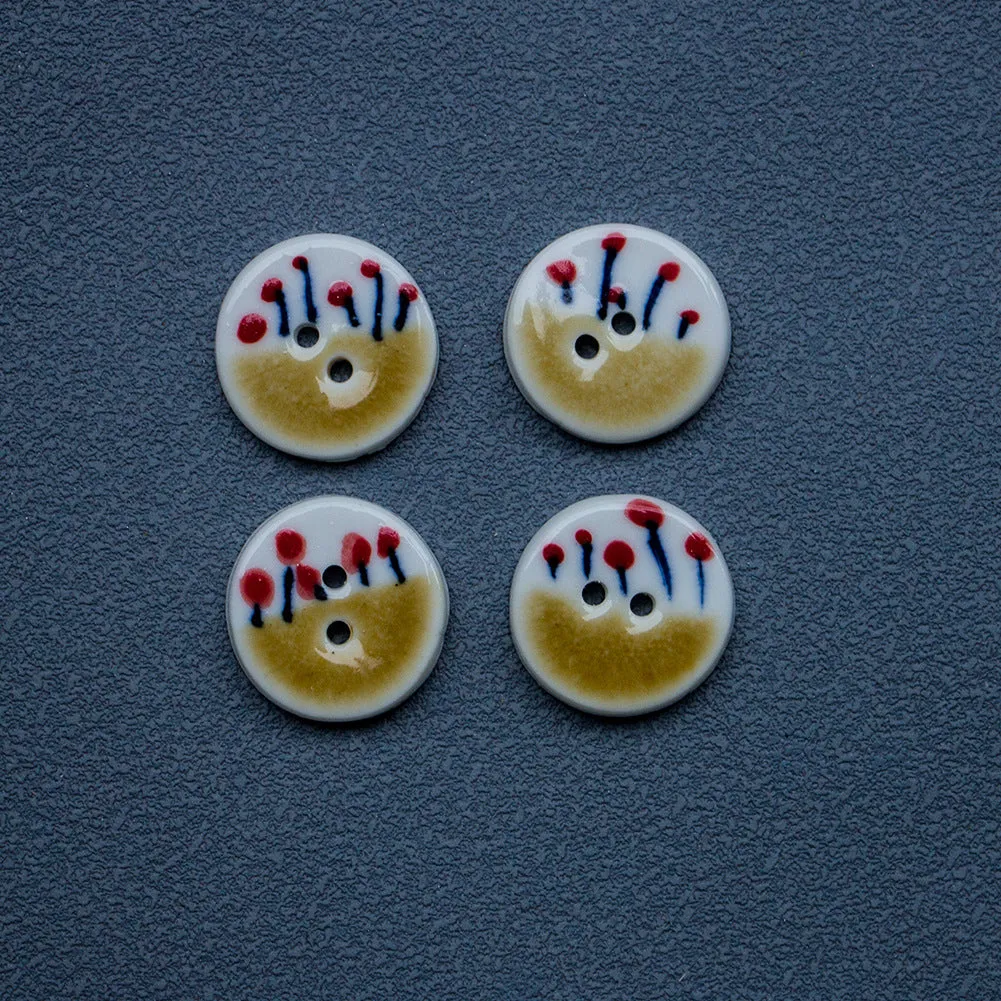 20mm Tea Yellow Small Red Flower Round 2 Hole Handmade Ceramic Buttons 4pcs