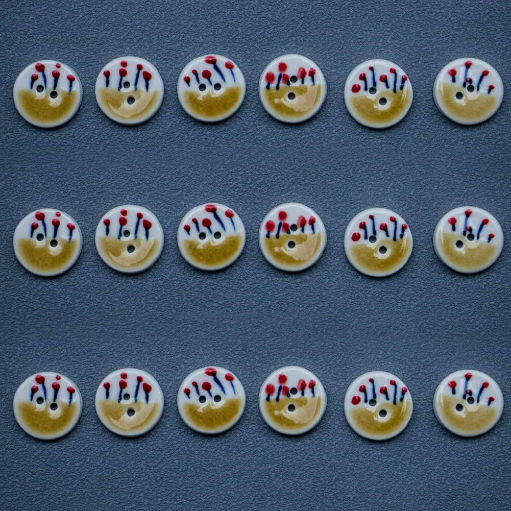20mm Tea Yellow Small Red Flower Round 2 Hole Handmade Ceramic Buttons 4pcs
