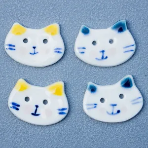30mm Hand-Painted Small Blue White Big-Face Cat 2-Hole Ceramic Buttons 10PCS