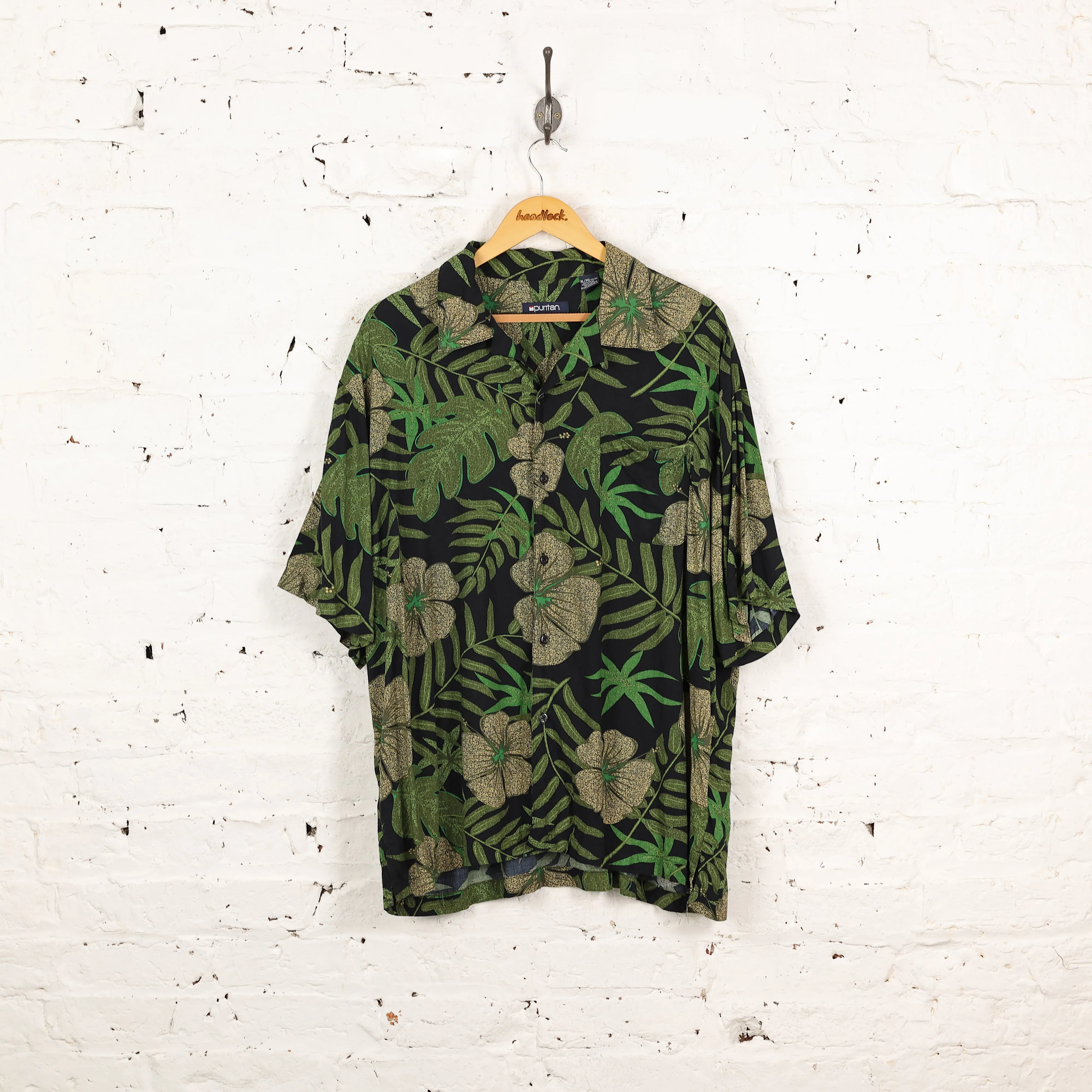 90's Hawaiian Print Pattern Shirt - Green - XL