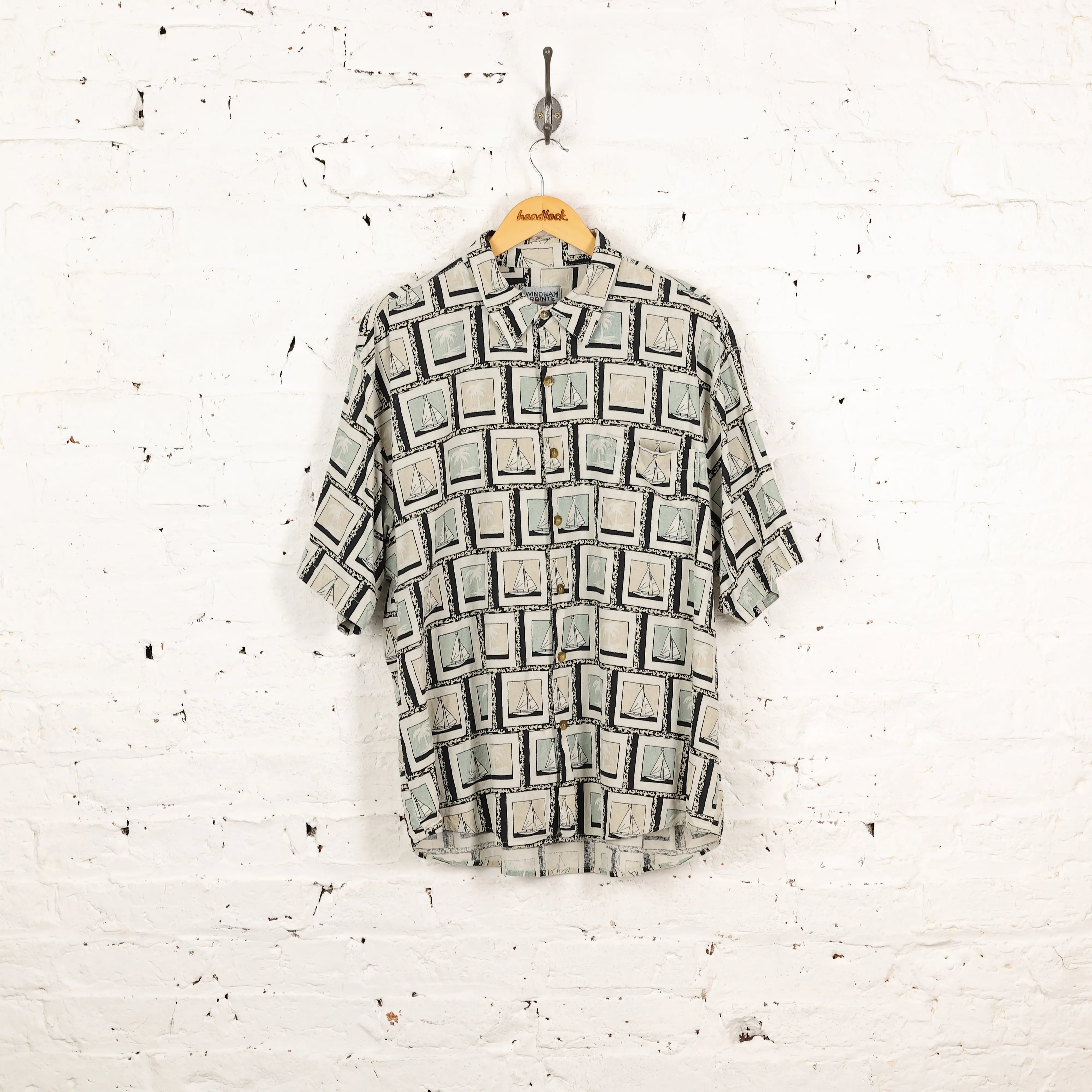 90's Hawaiian Print Pattern Shirt - Grey - XL