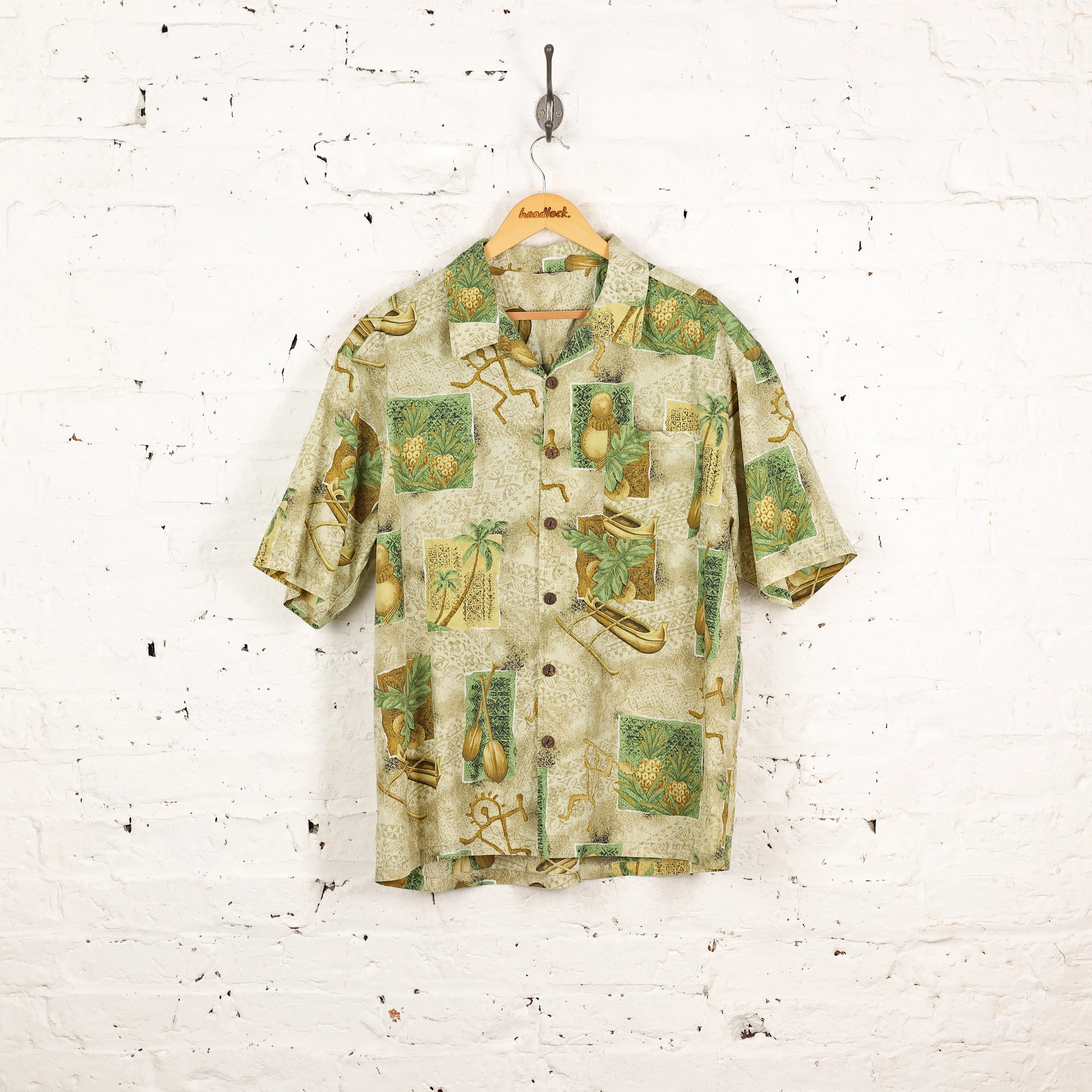 90s Pineapples Palm Trees Hawaiian Pattern Shirt - Green - XL