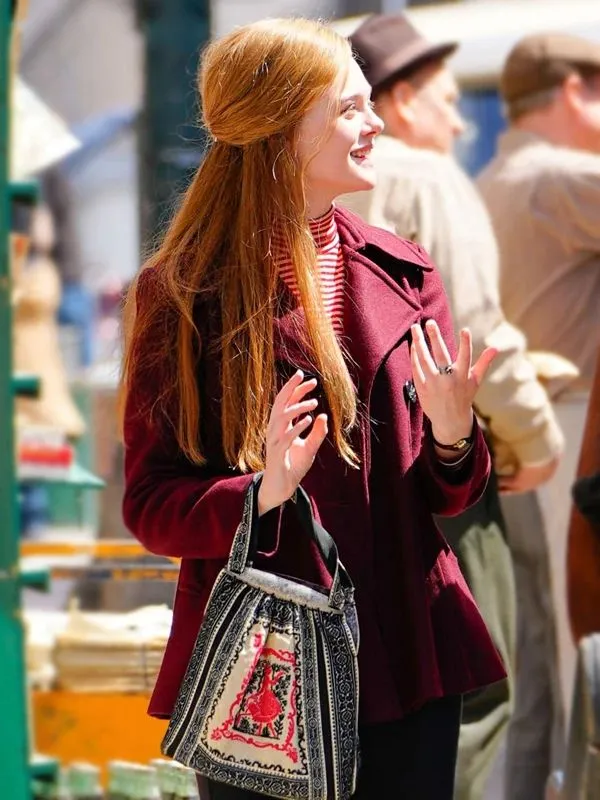 A Complete Unknown Elle Fanning Maroon Pea Coat