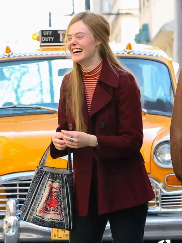 A Complete Unknown Elle Fanning Maroon Pea Coat