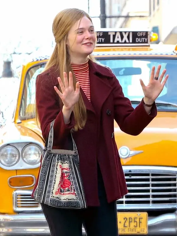 A Complete Unknown Elle Fanning Maroon Pea Coat