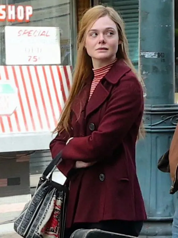 A Complete Unknown Elle Fanning Maroon Pea Coat