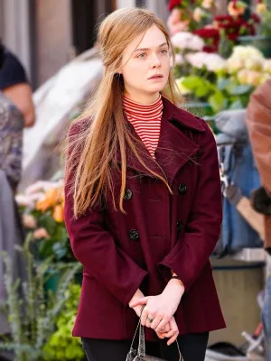 A Complete Unknown Elle Fanning Maroon Pea Coat
