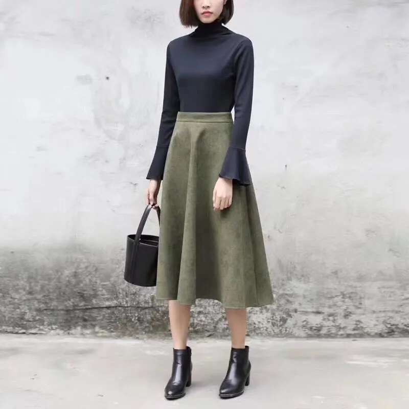 A-Line Black Green Flare Fashion High Waist Midi Skirt
