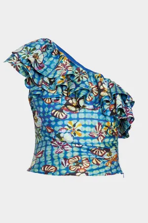 Adaleigh One-Shoulder Ruffle Top in Azul
