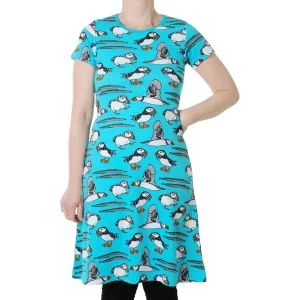 Adult's Puffins - Blue Atoll Short Sleeve A-Line Dress