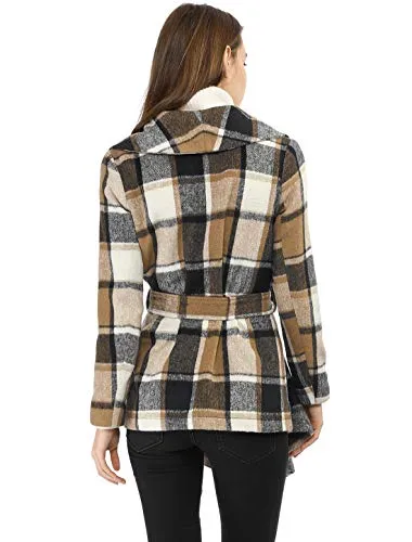 Allegra K Women's Belted Plaids Wrap Coat