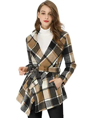 Allegra K Women's Belted Plaids Wrap Coat