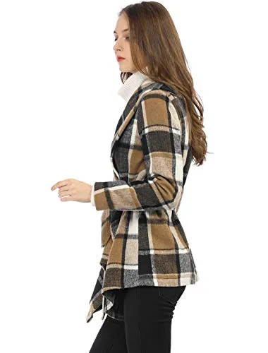 Allegra K Women's Belted Plaids Wrap Coat