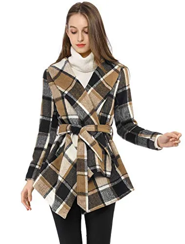 Allegra K Women's Belted Plaids Wrap Coat