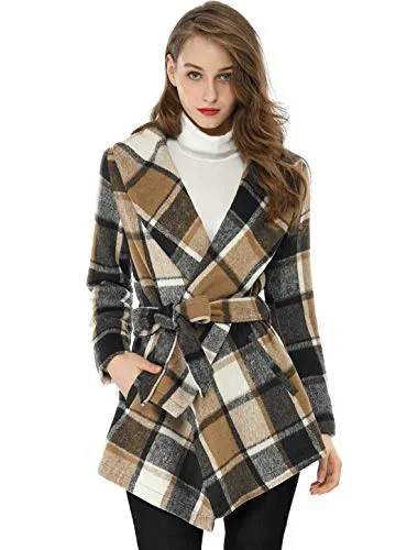 Allegra K Women's Belted Plaids Wrap Coat