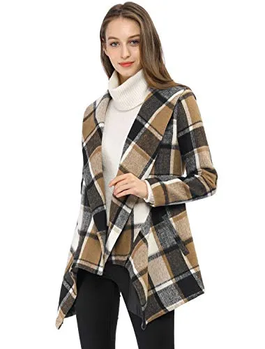 Allegra K Women's Belted Plaids Wrap Coat