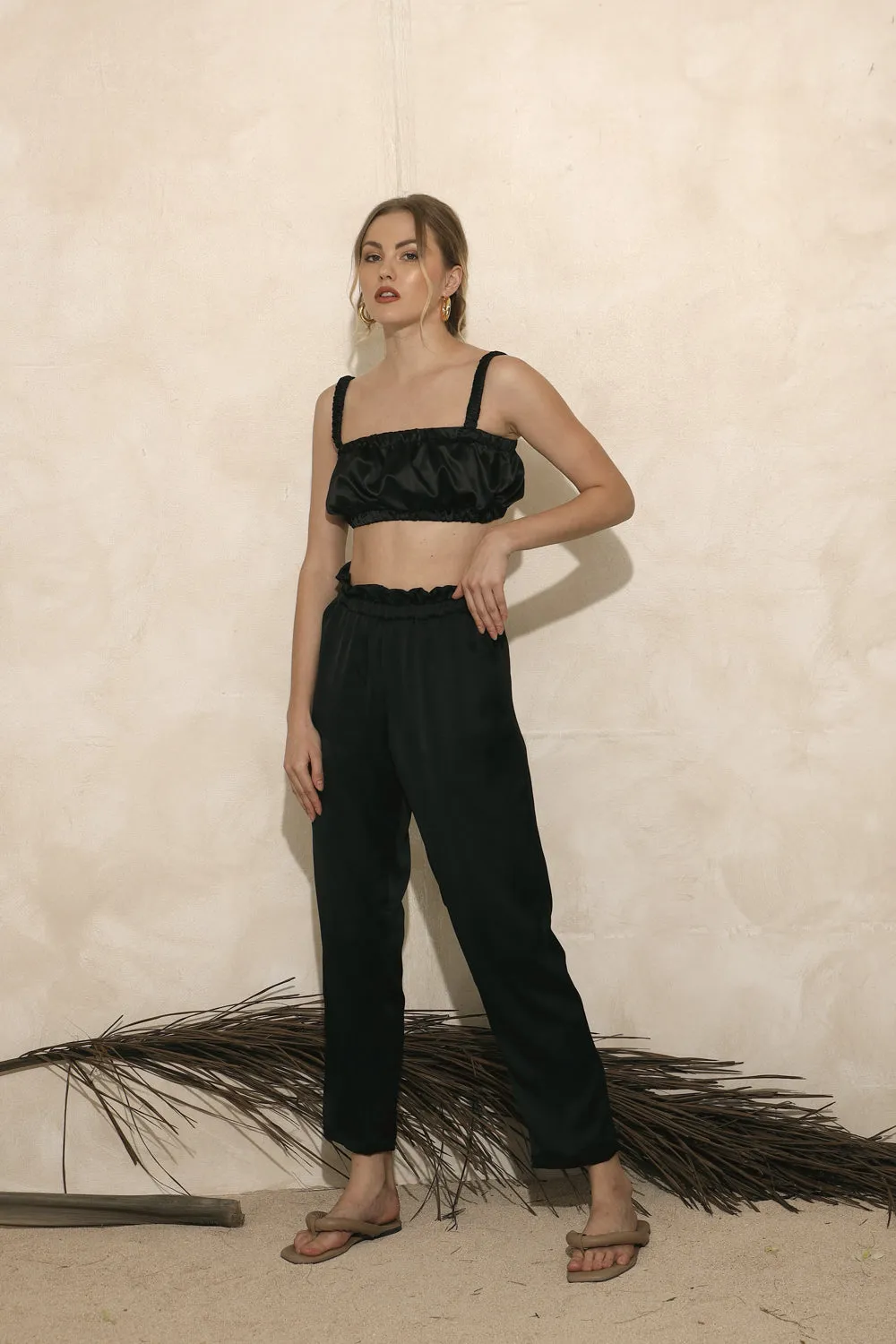 AMORA PANT SET Gathered Crop Top and Gartered Pant (Black Silk)