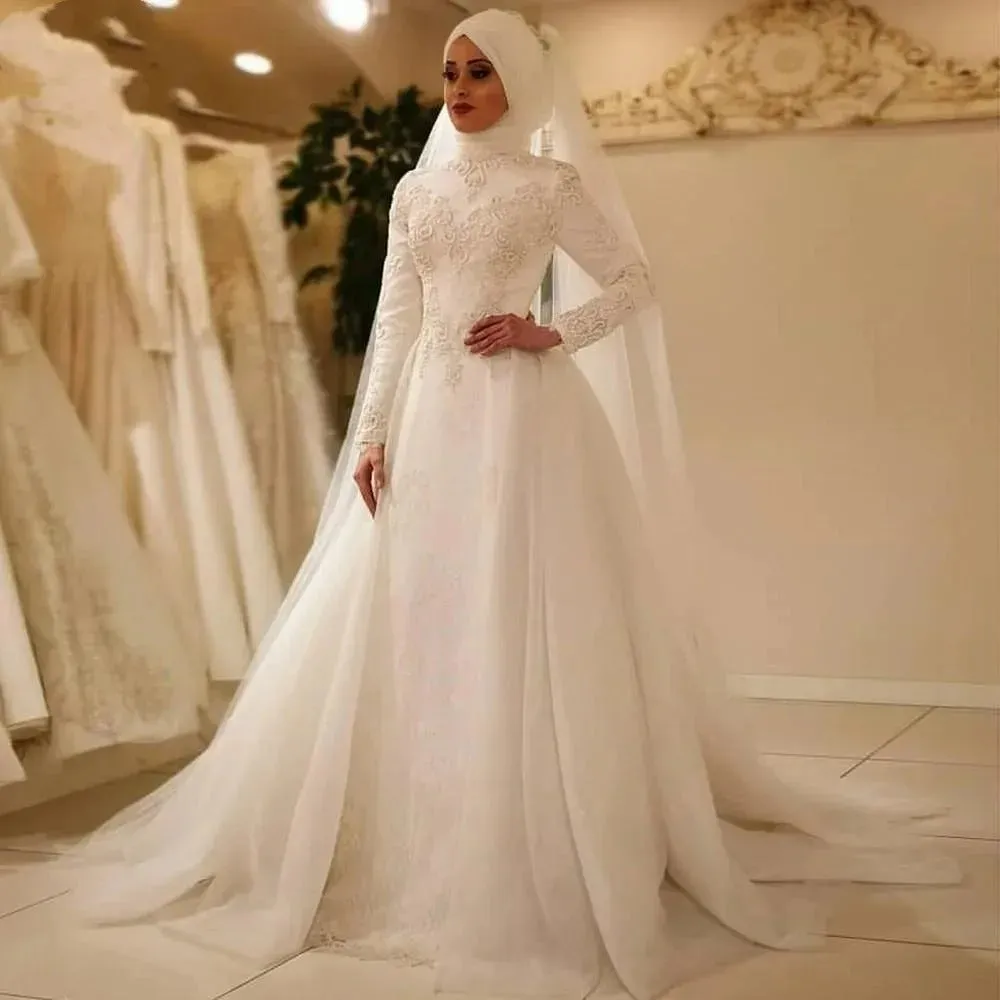 Arabic Muslim Wedding Dresses For Women High Neck Long Sleeves Lace A-line Bridal Gowns With Veils Robe De Mariage