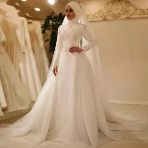 Arabic Muslim Wedding Dresses For Women High Neck Long Sleeves Lace A-line Bridal Gowns With Veils Robe De Mariage