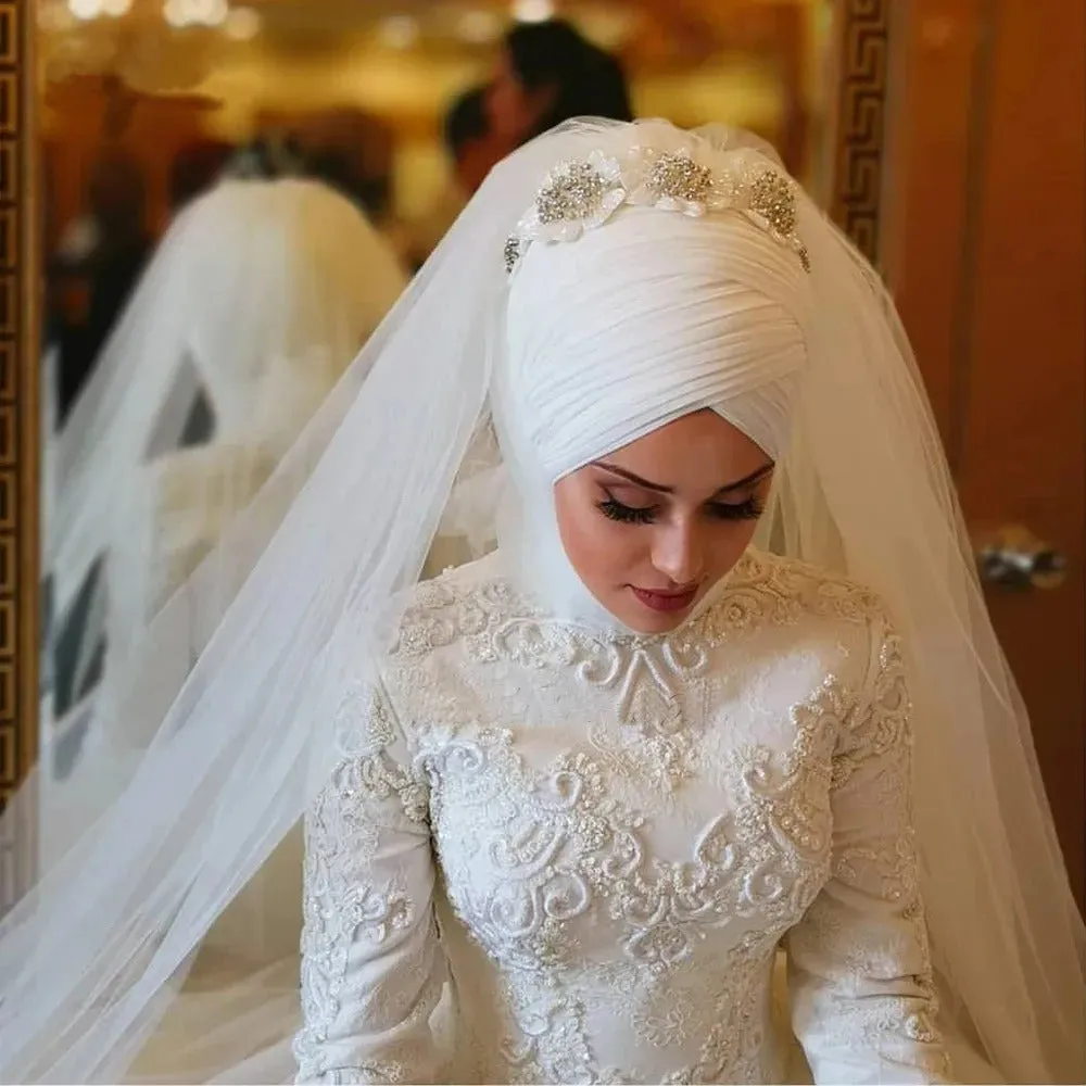 Arabic Muslim Wedding Dresses For Women High Neck Long Sleeves Lace A-line Bridal Gowns With Veils Robe De Mariage