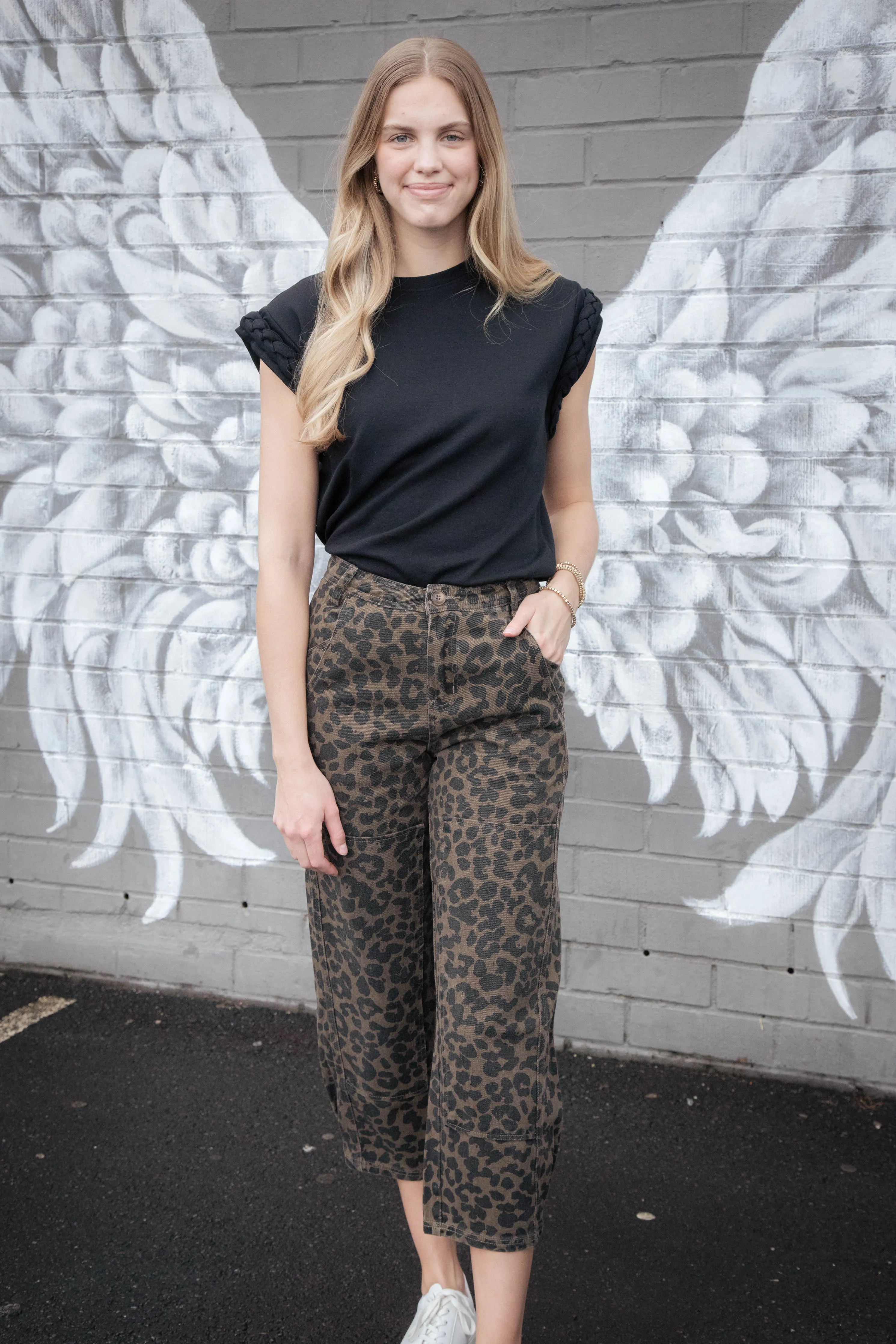 Aurelie Twill Barrel Pants, Mocha Leopard