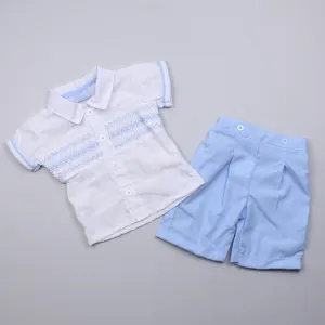 Baby Boy Two Piece Outfit Blue Shorts with Smocked Shirt
