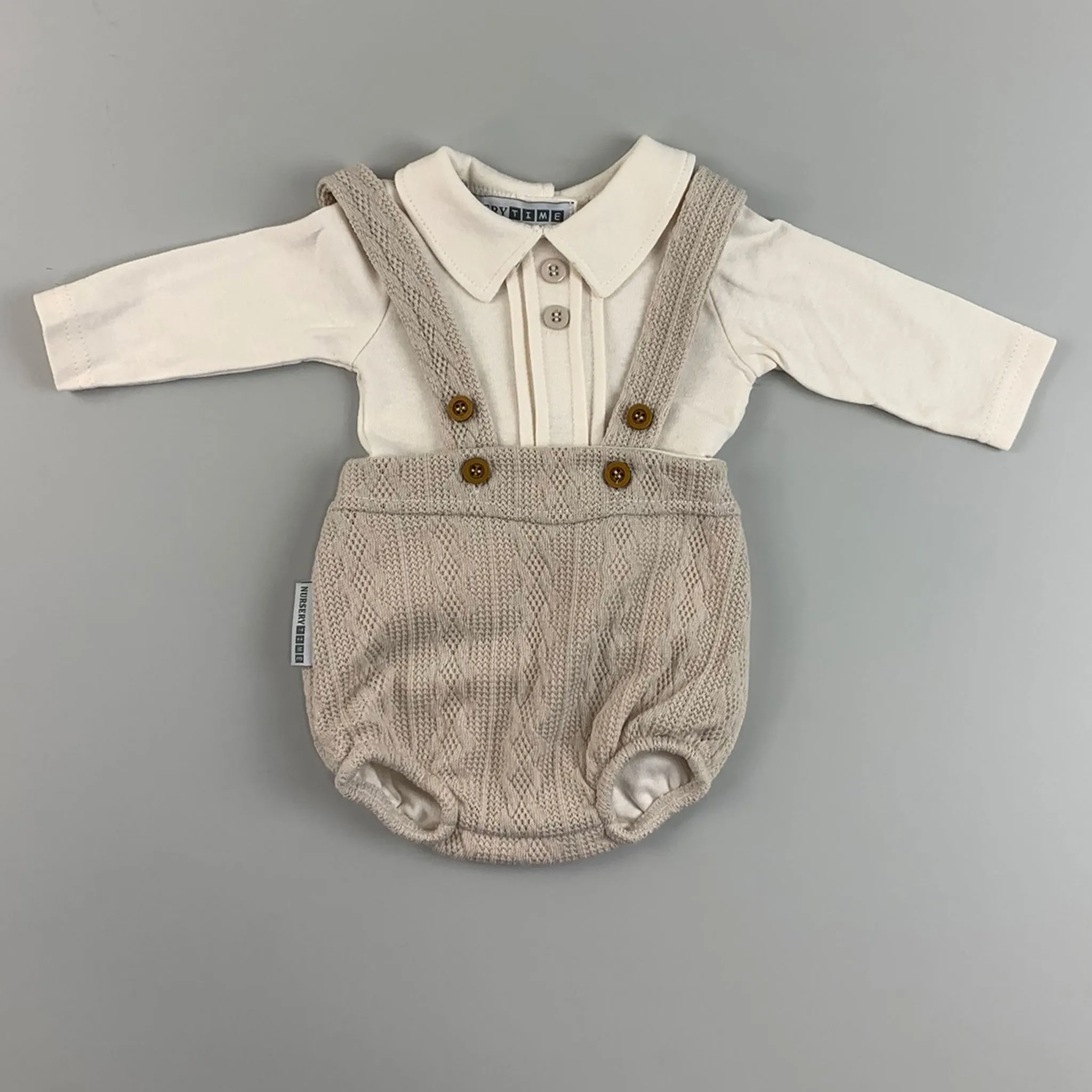 Baby Boys Beige Knitted Outfit - Jam Pants, Braces and Shirt