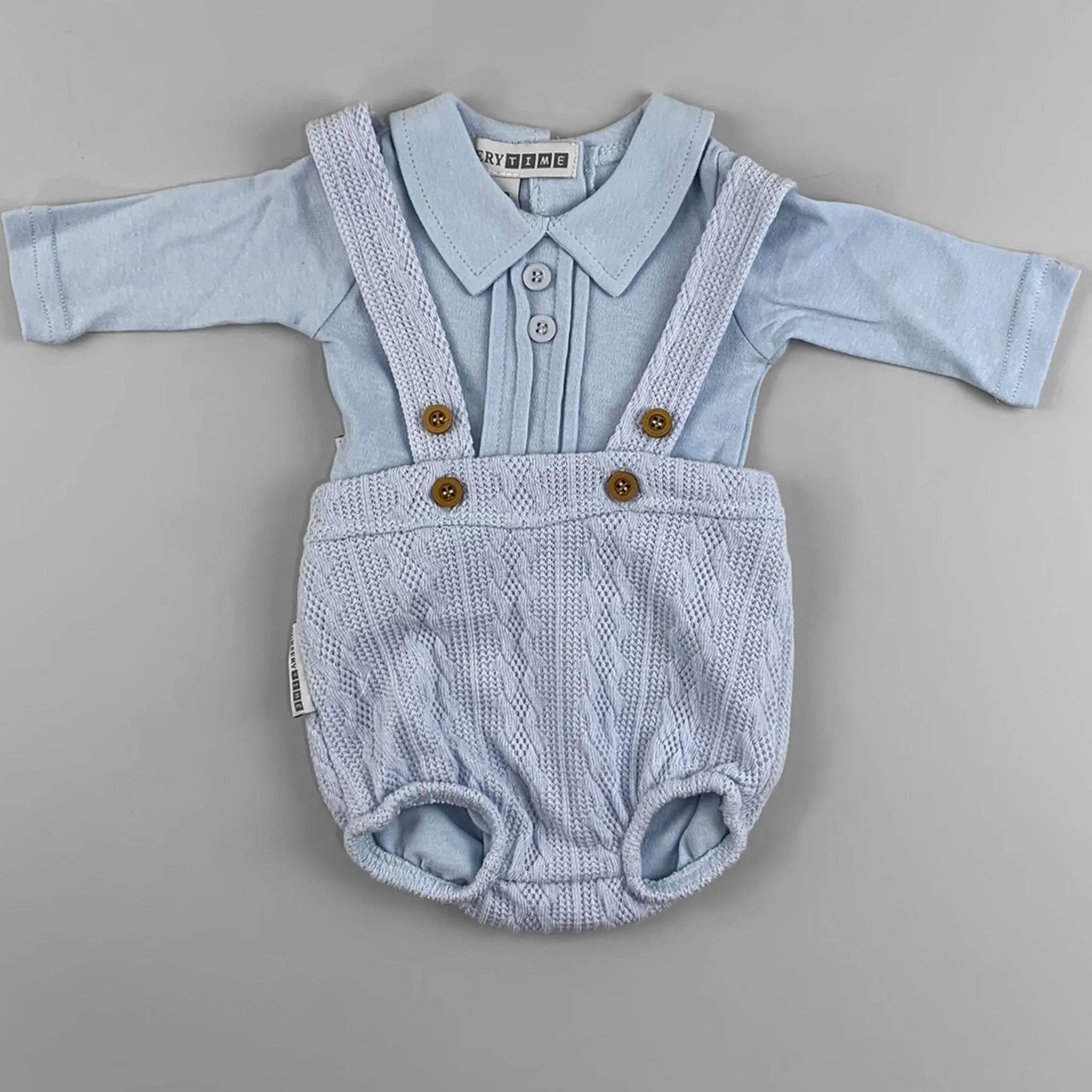 Baby Boys Blue Knitted Outfit - Jam Pants, Braces and Shirt
