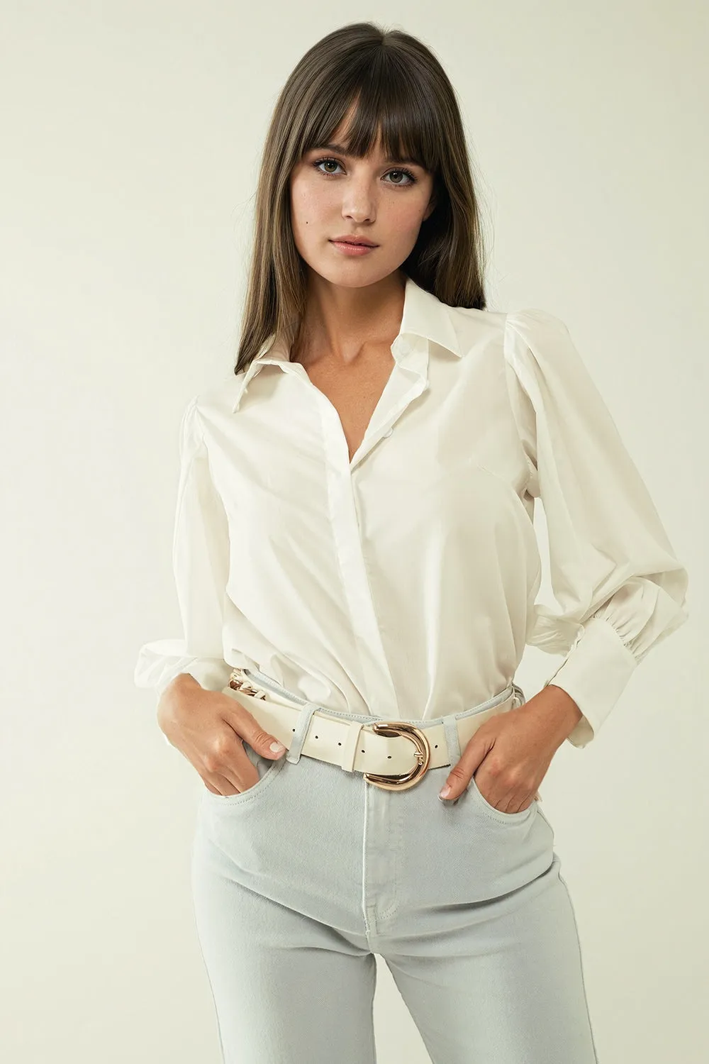 Basic poplin White shirt with balloon long sleeves