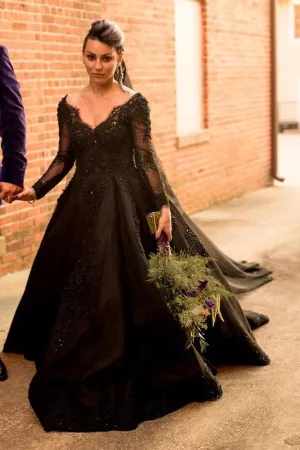 Beaded Lace Black Wedding Dresses Long Sleeves