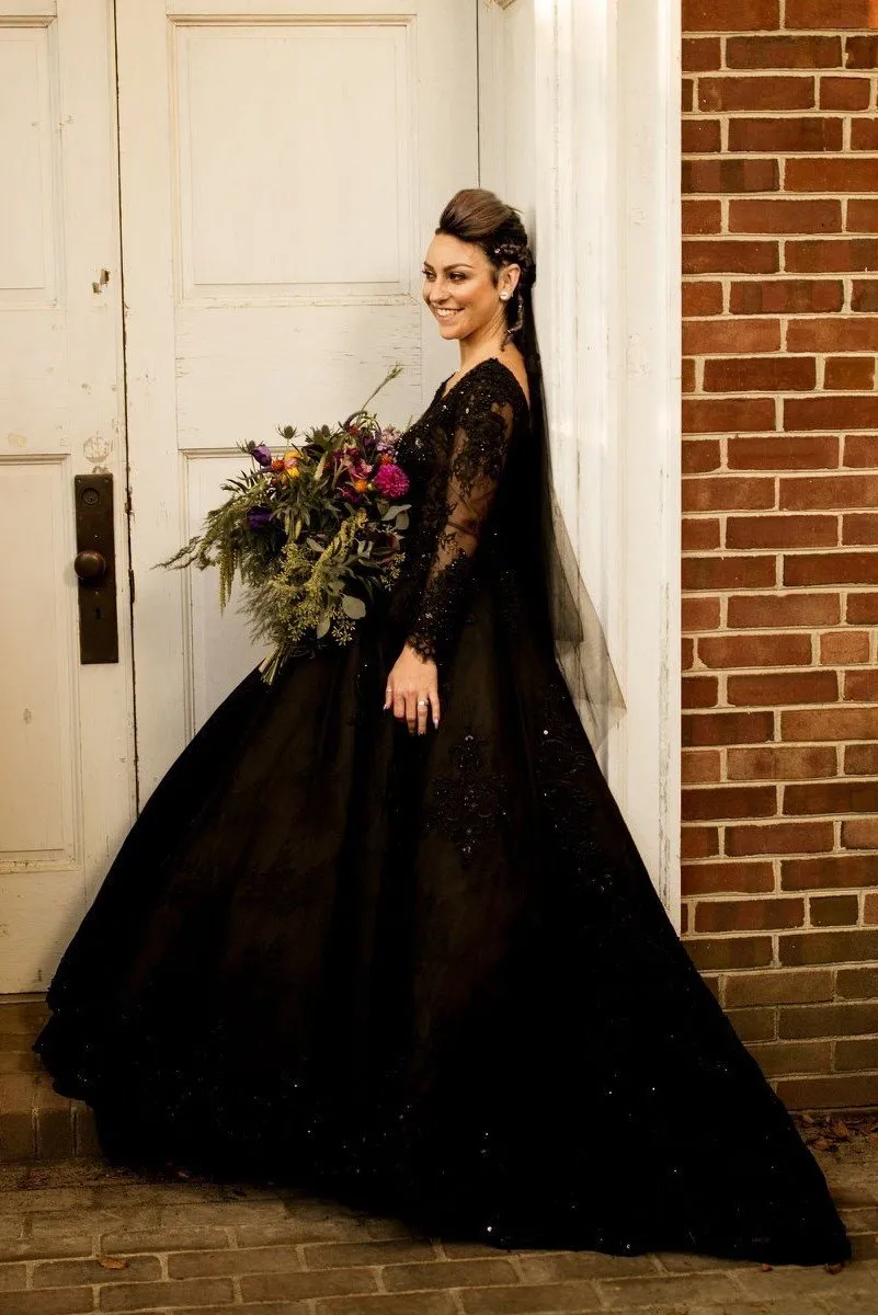 Beaded Lace Black Wedding Dresses Long Sleeves