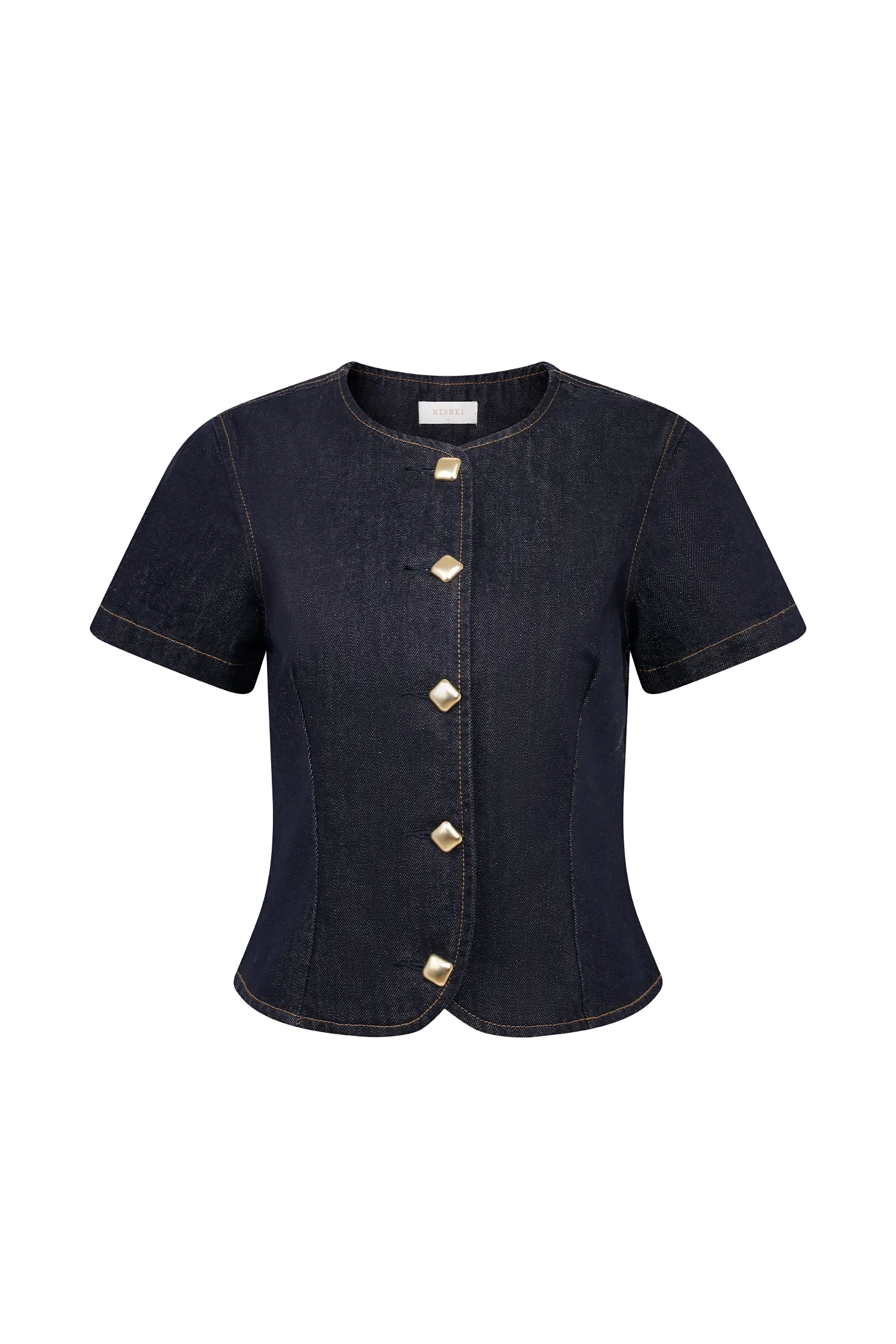 Bethany Short Sleeve Buttoned Denim Top - Washed Indigo Blue