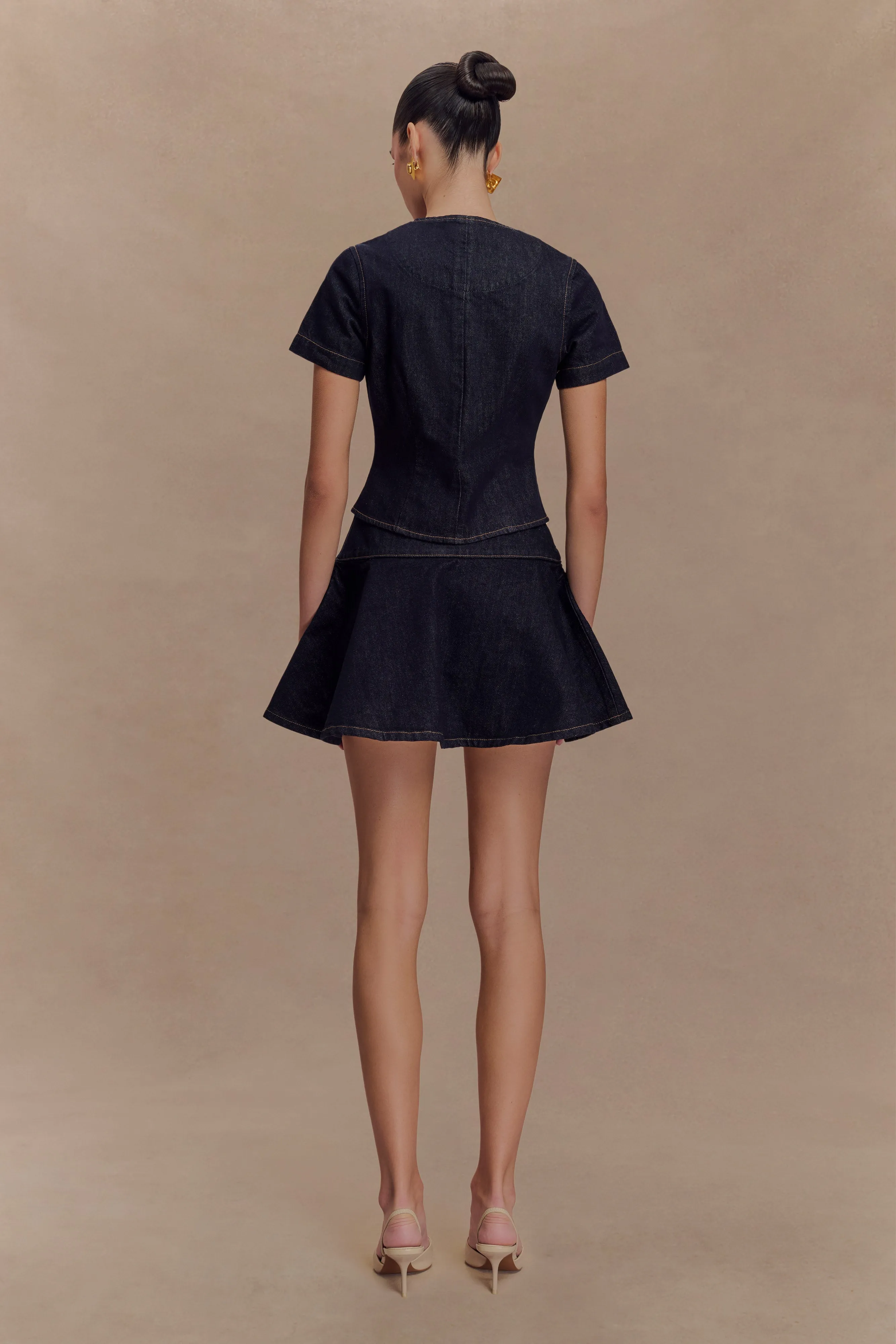 Bethany Short Sleeve Buttoned Denim Top - Washed Indigo Blue