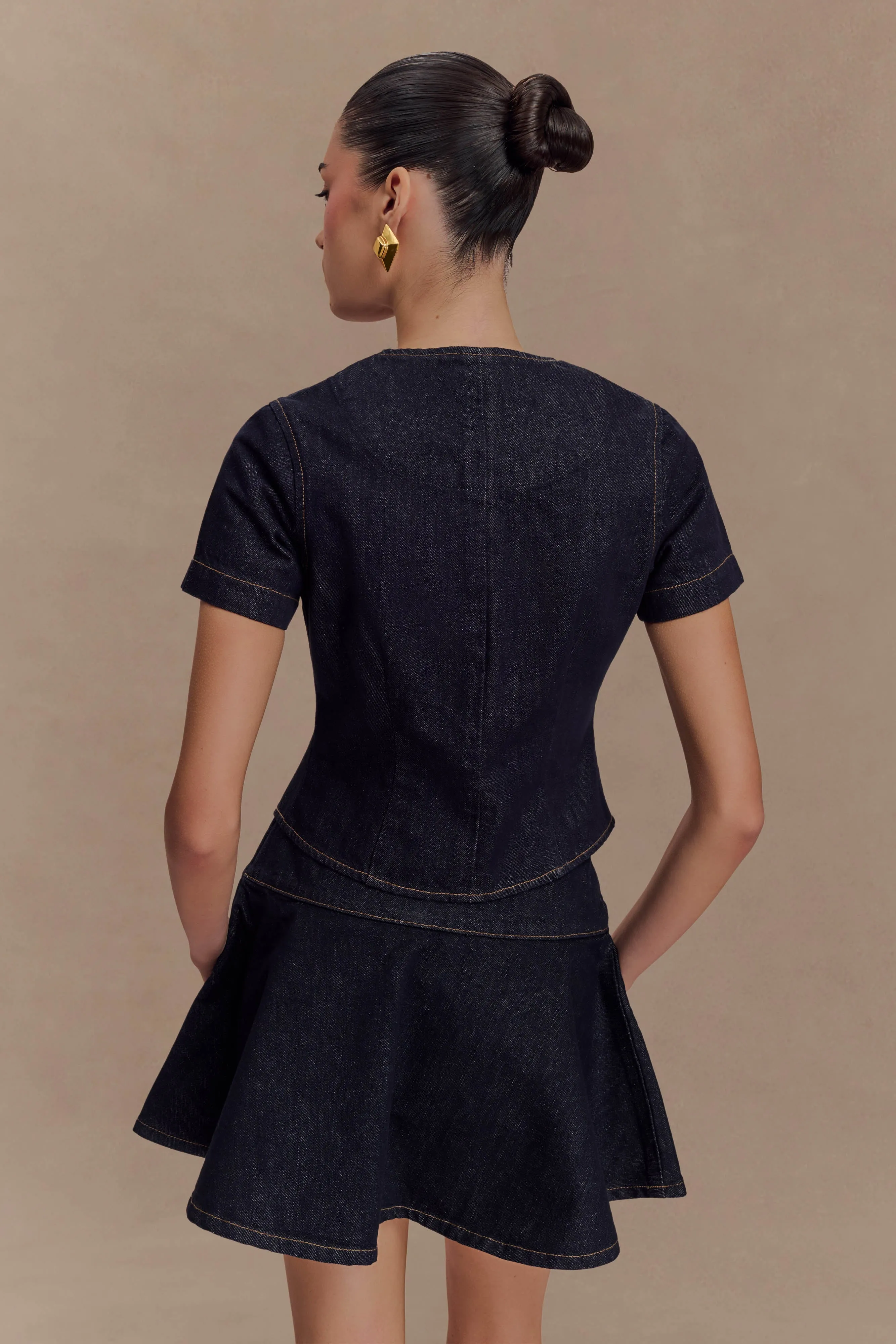 Bethany Short Sleeve Buttoned Denim Top - Washed Indigo Blue