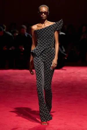 Black and Silver Sparkle Velvet Plaid Structured Asymmetric Top