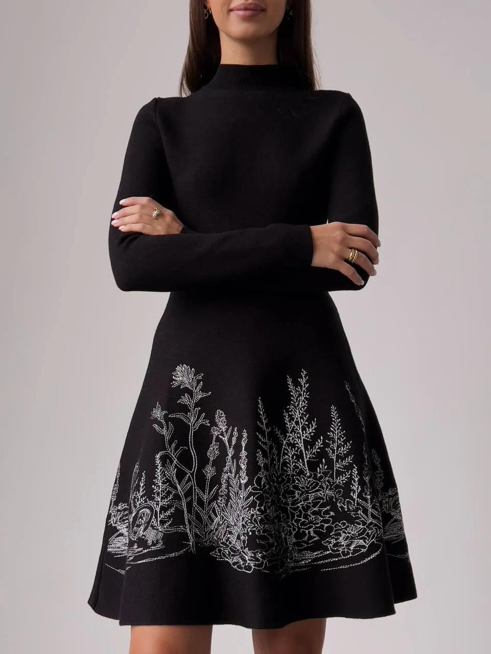 Black Embroidered A-Line Dress