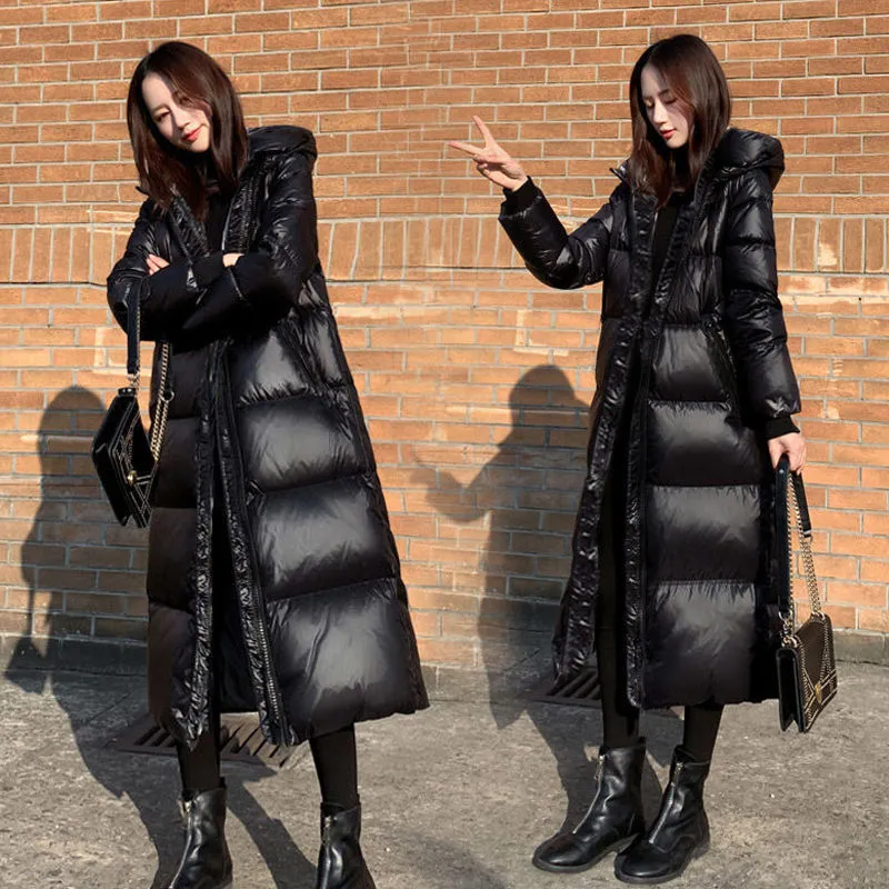 Black Glossy Parka Coat for Women