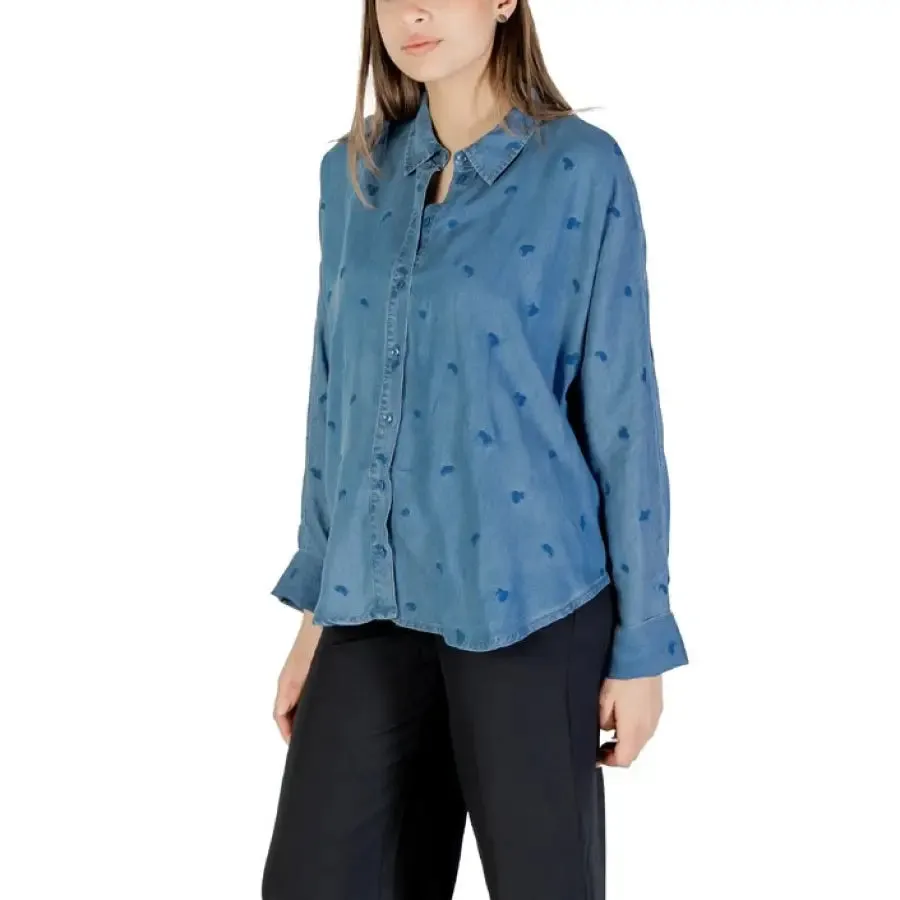 Blue Button Down Shirt with Heart Pattern