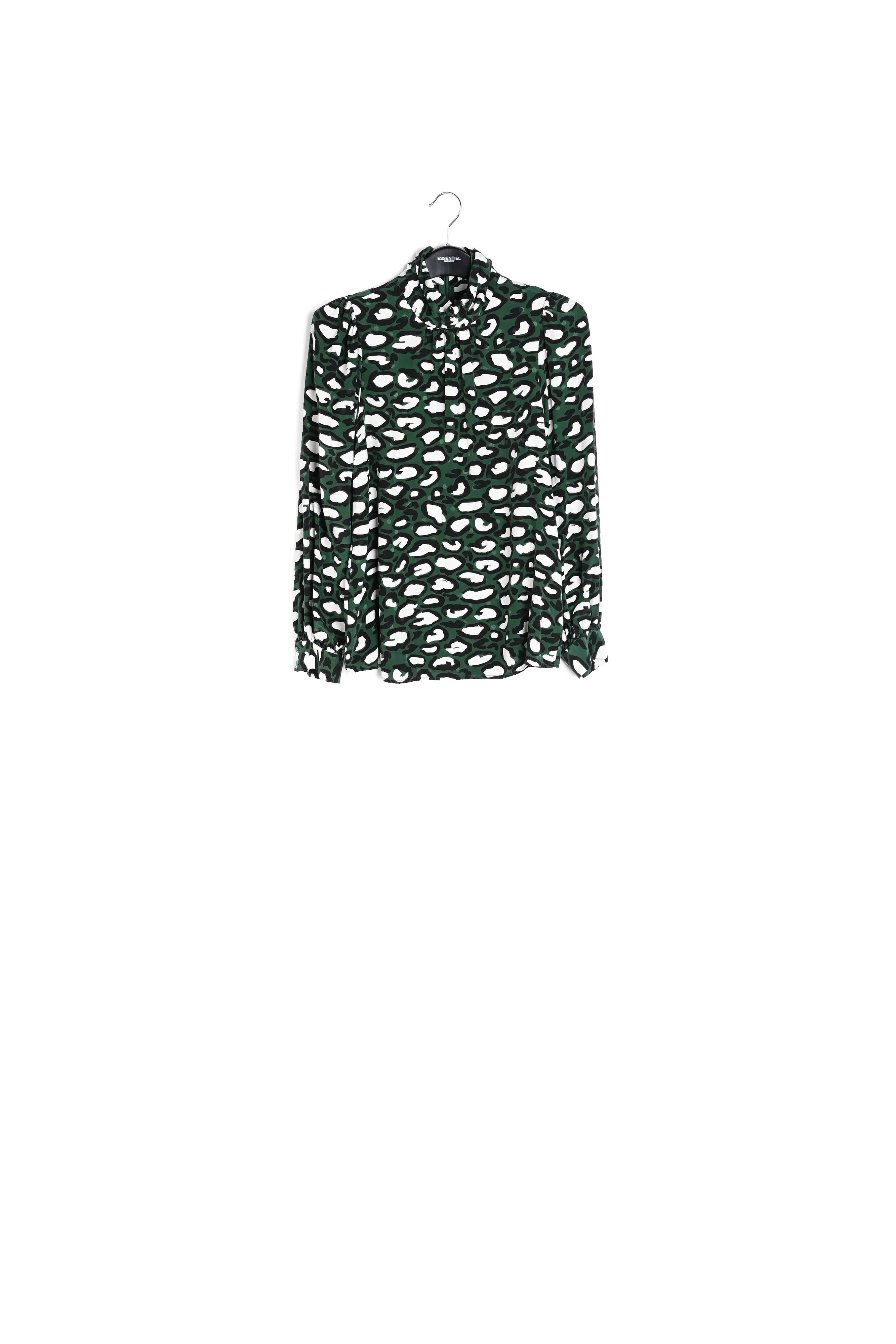 Bottle green silk top with stand-up collar and leopard print