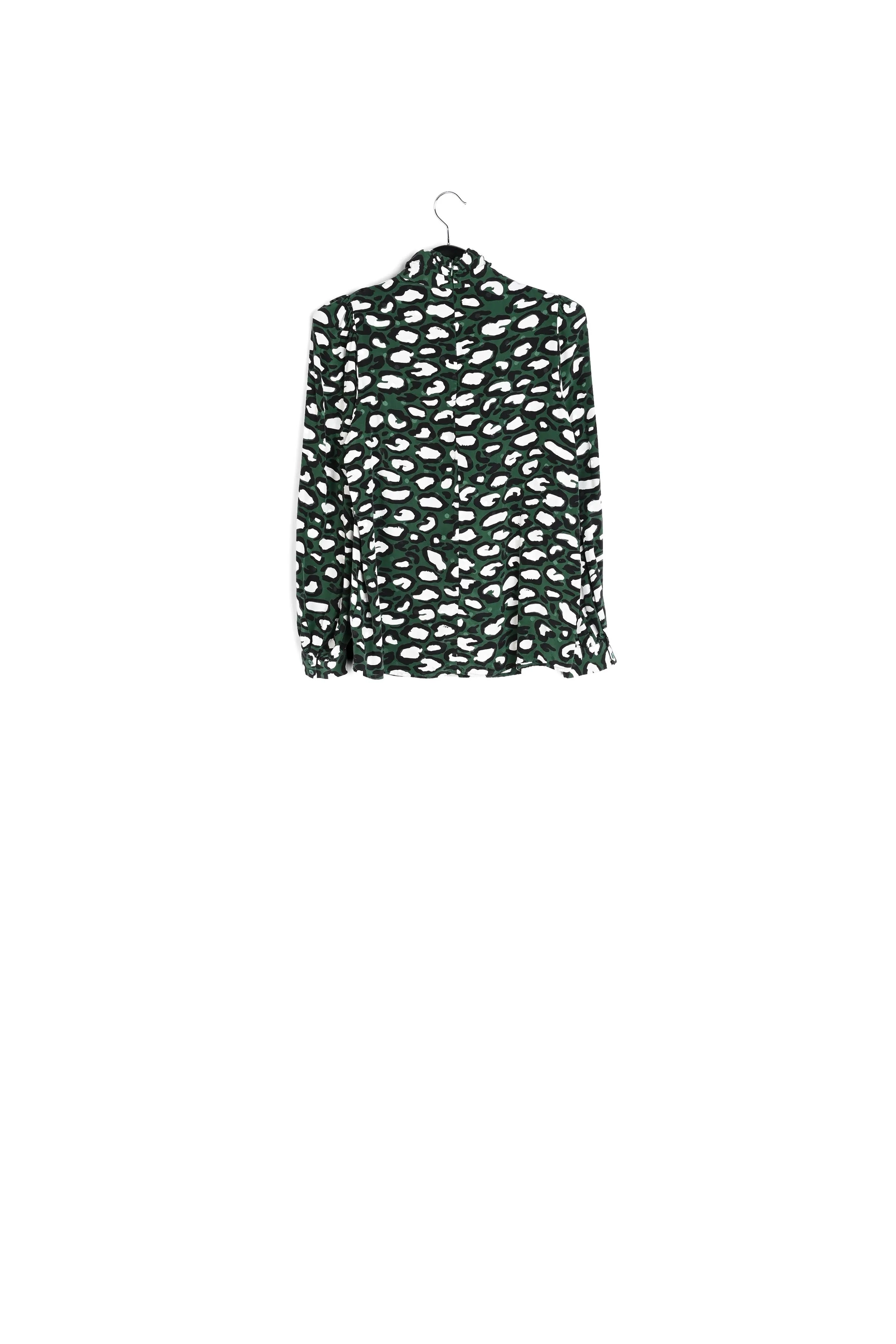 Bottle green silk top with stand-up collar and leopard print