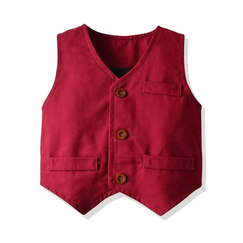 Boys Gentleman Formal Set Suit Shirt with Bow Tie Vest and Pants 4Pcs