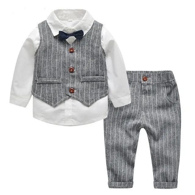 Boys Gentleman Formal Set Suit Shirt with Bow Tie Vest and Pants 4Pcs