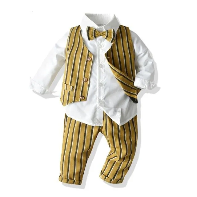 Boys Gentleman Formal Set Suit Shirt with Bow Tie Vest and Pants 4Pcs