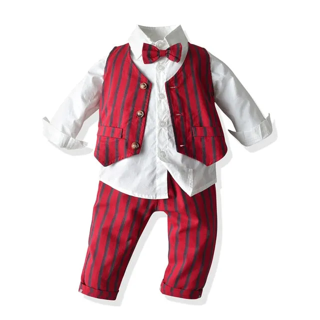 Boys Gentleman Formal Set Suit Shirt with Bow Tie Vest and Pants 4Pcs