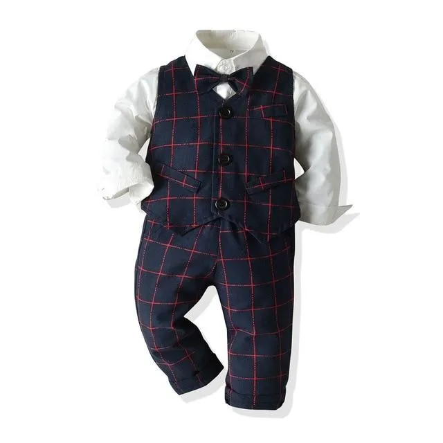 Boys Gentleman Formal Set Suit Shirt with Bow Tie Vest and Pants 4Pcs