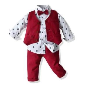 Boys Gentleman Formal Set Suit Shirt with Bow Tie Vest and Pants 4Pcs