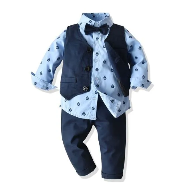 Boys Gentleman Formal Set Suit Shirt with Bow Tie Vest and Pants 4Pcs